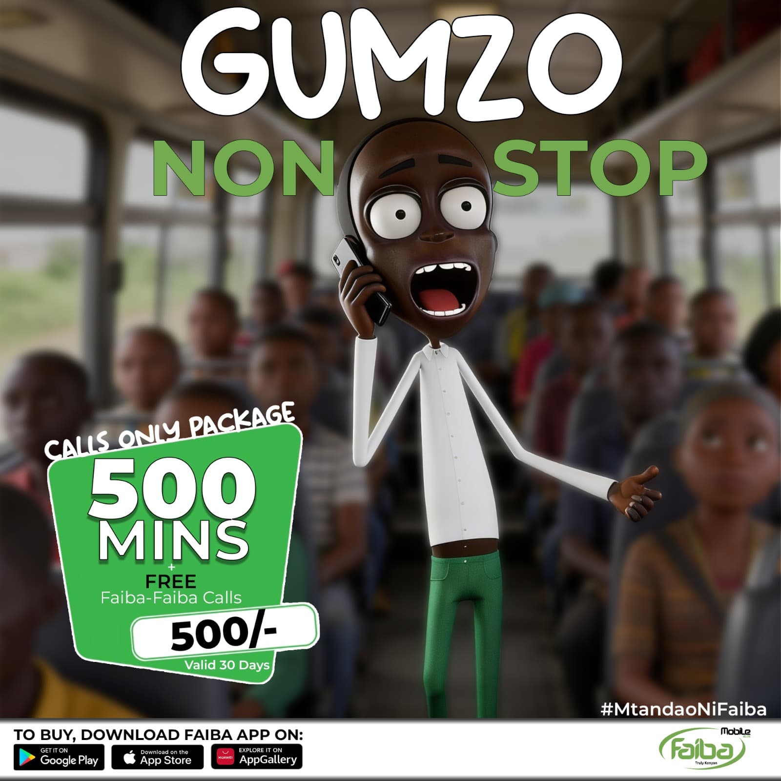 Kubanja voice bundles: 50 minutes for 75 shillings, 250 minutes for 300 and 500 minutes for 500, each with free Faiba-to-Faiba calls
