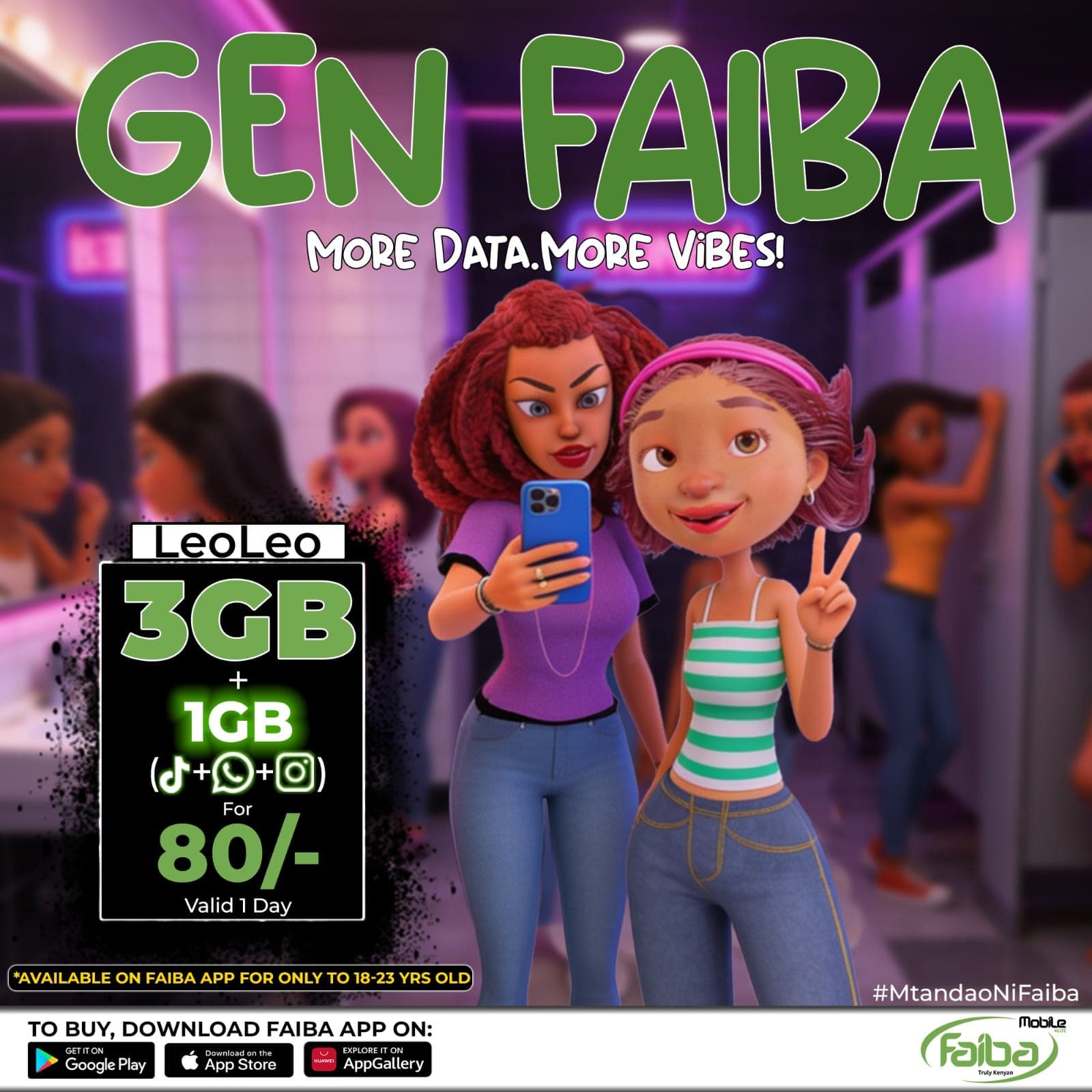 The Faiba Flex range: ChapChap 1GB for 30 shillings, Leo Leo 3GB for 80, Wiki Moto 10GB for 250, Big Flex 30GB for 700 and Bigger Flex 60GB for 1,200