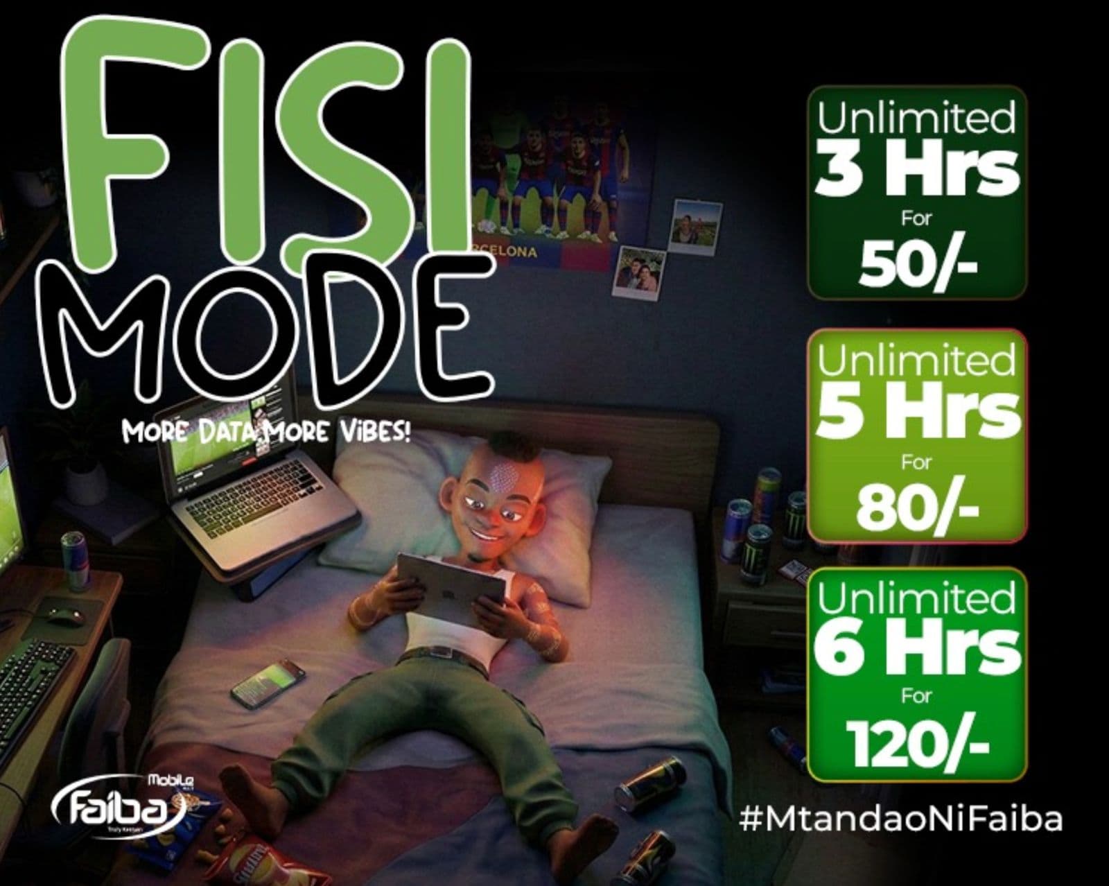 Fisi Mode pricing: unlimited data for three hours at 50 shillings, five hours at 80 and six hours at 120