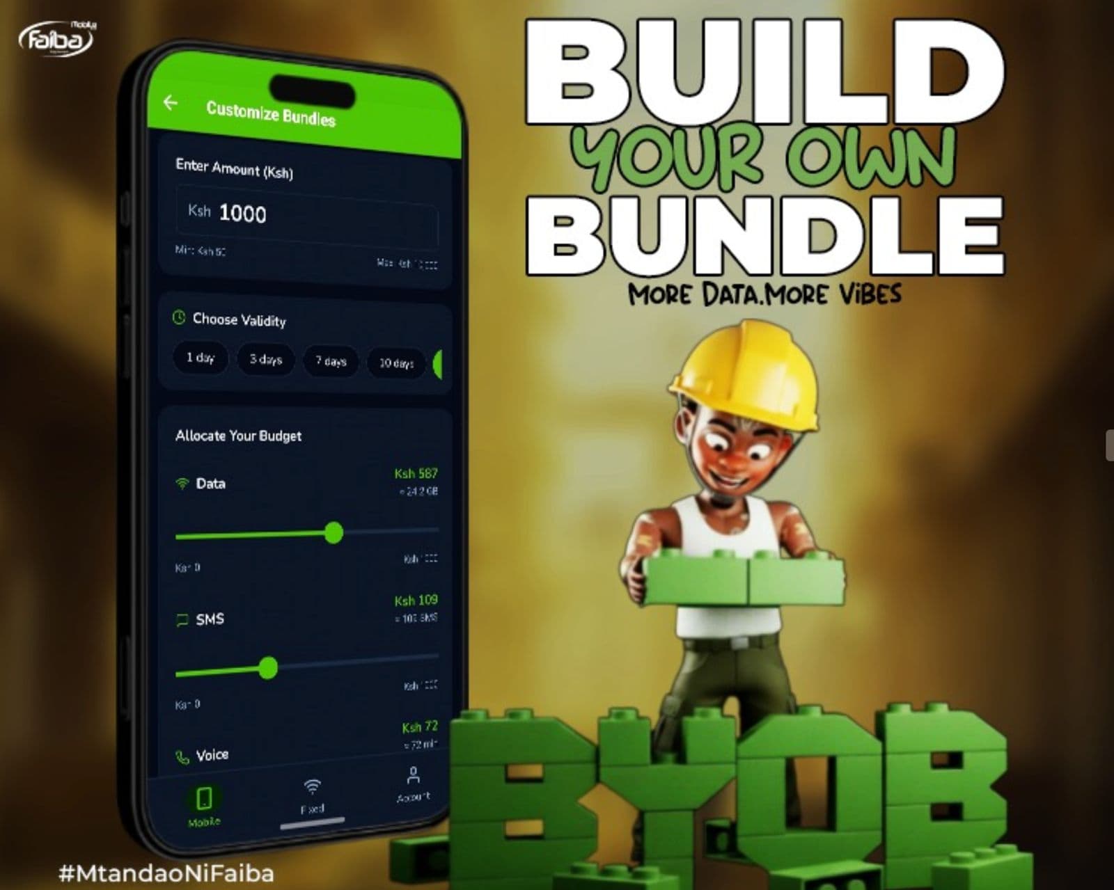 The Build Your Own Bundle screen in the Faiba App, splitting a 1,000 shilling budget across data, SMS and voice