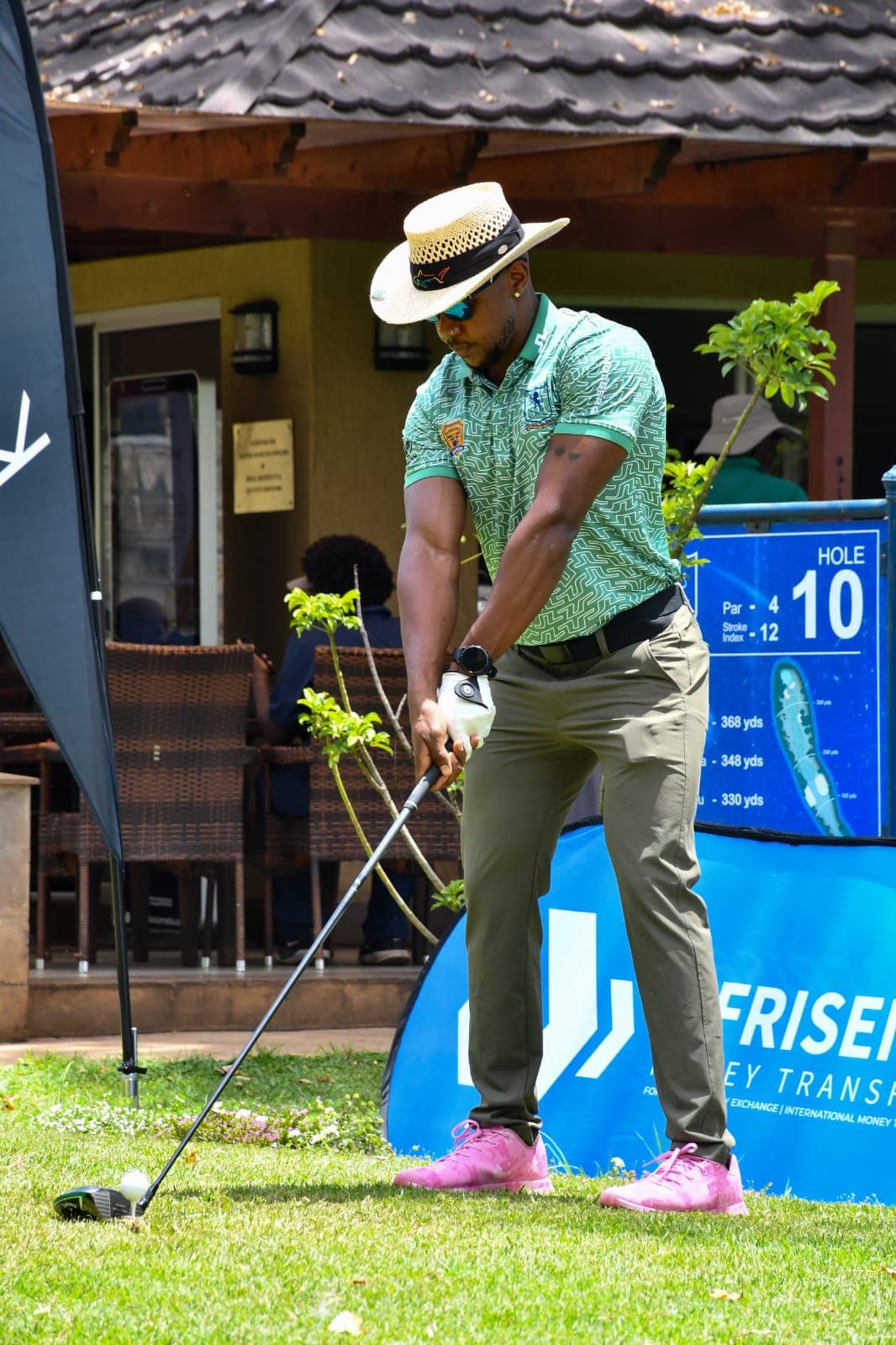 A golfer teeing off at hole 10, a par four measuring 368 yards