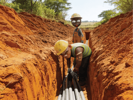 Technicians laying fibre optic cables in red earth